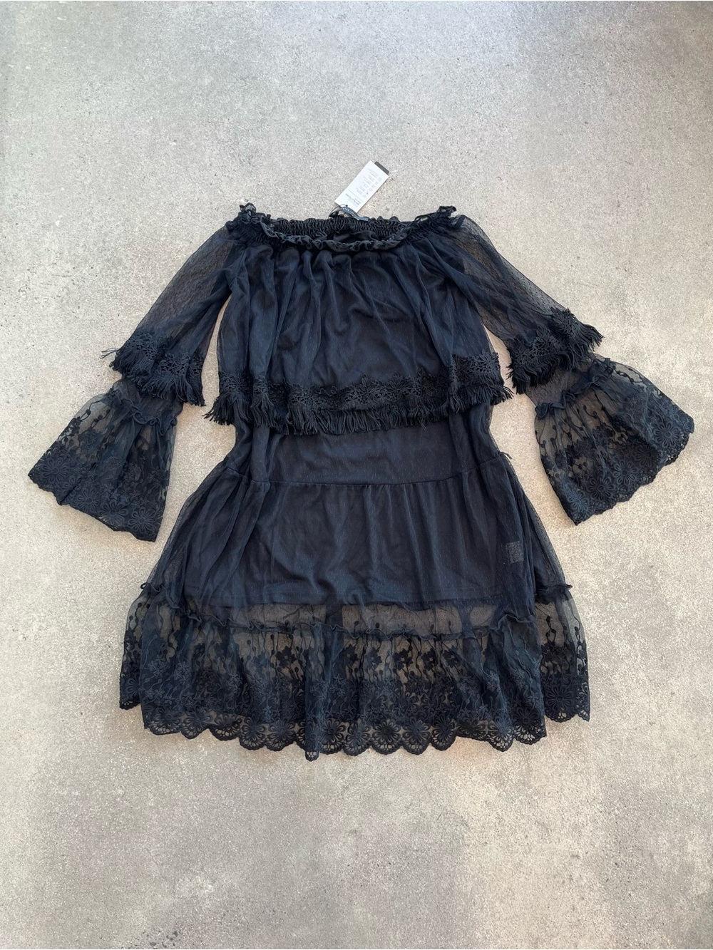 Zanzea Collection Black Lace Boho Midi Dress Sheer Sleeves Fringe Trim NWT